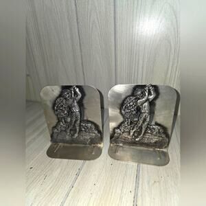 Vtg Pewter Golf Themed Bookends Heavy Silver Toned MCM Golfer 3D PGA Library